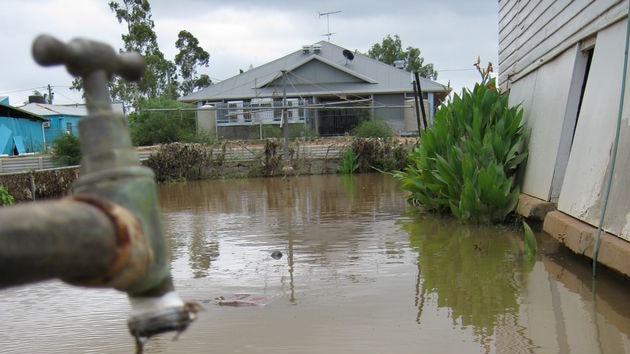 A moat of water surrounds a Charleville home after heavy rain (March 2010).