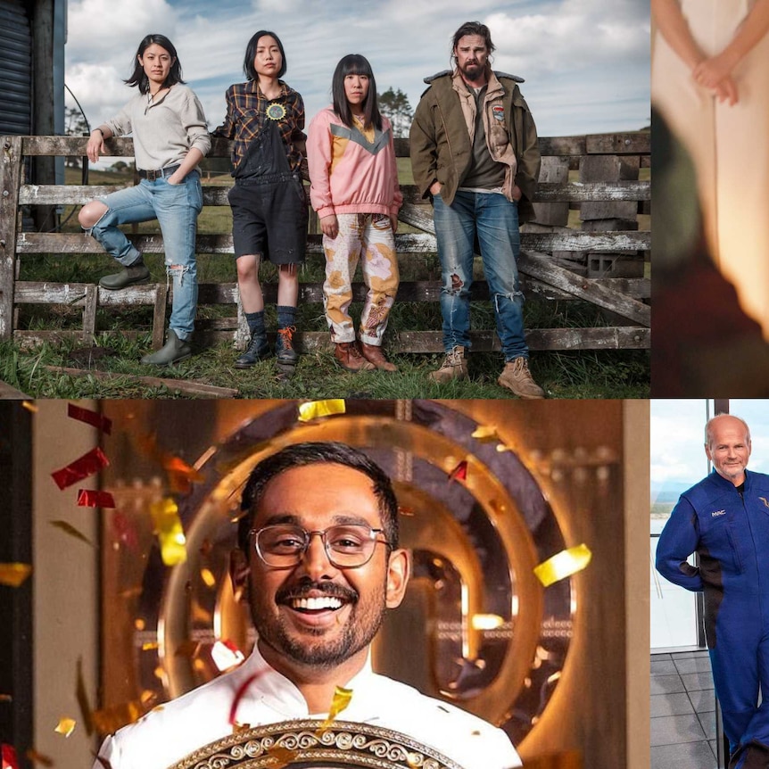 4 images: 3 women and a man on farm, Roseanne Liang talking, Justin Narayan smiles, 6 smiling people wear blue tight space suits