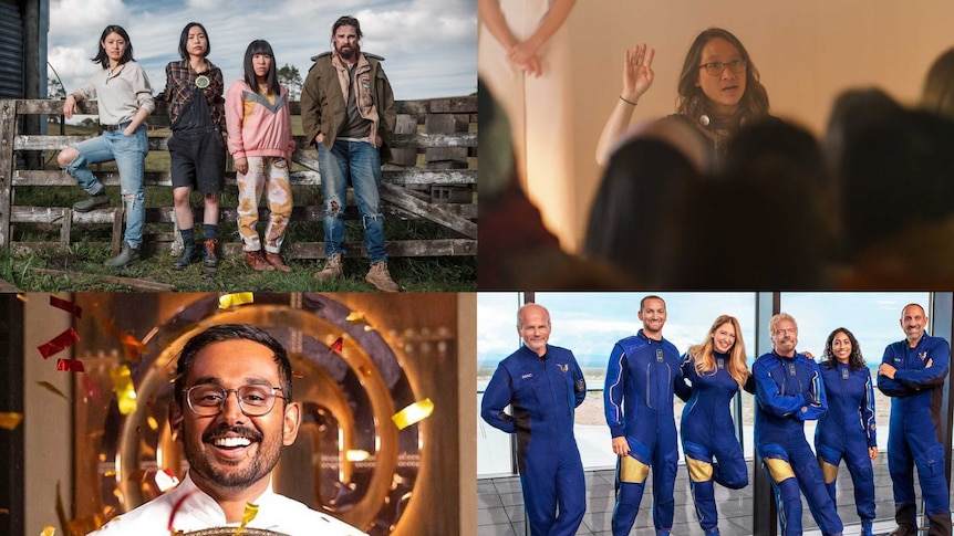 4 images: 3 women and a man on farm, Roseanne Liang talking, Justin Narayan smiles, 6 smiling people wear blue tight space suits