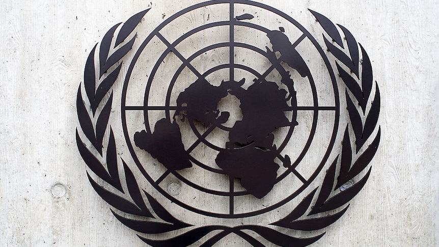 Large logo of the United Nations in dark brown.