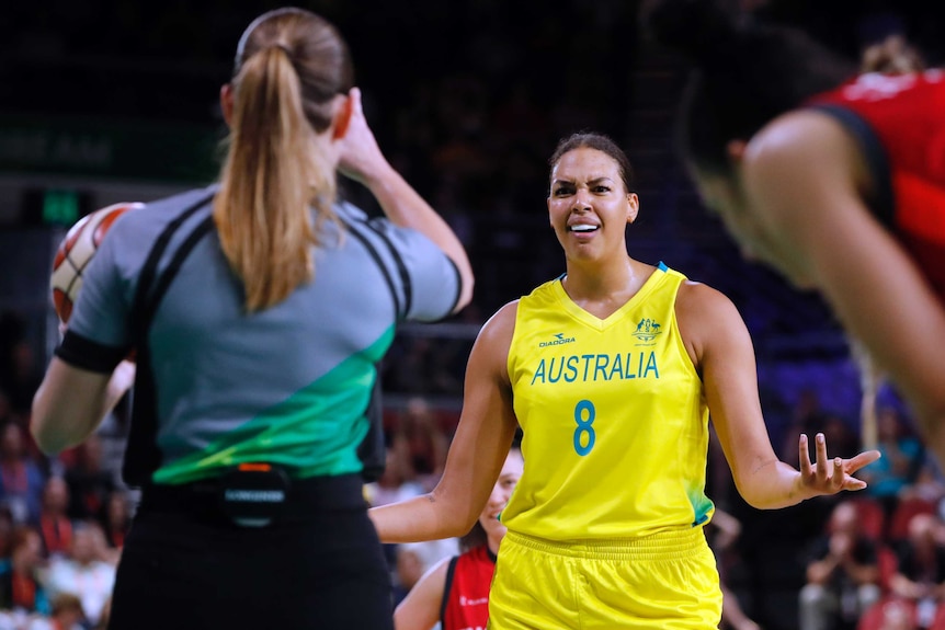Australia's Liz Cambage reacts to an official during the women's basketball gold medal game