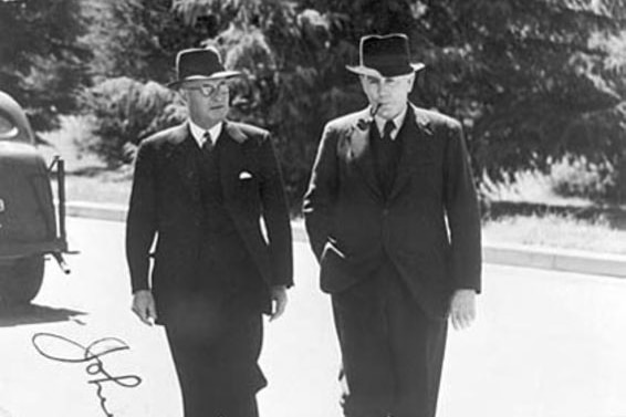 Prime minister John Curtin and treasurer Ben Chifley walking near Parliament House in 1945