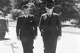 Prime minister John Curtin and treasurer Ben Chifley walking near Parliament House in 1945