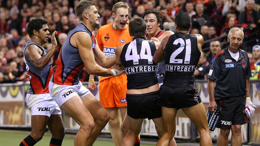 Stephen Milne will miss St Kilda's ANZAC Day match after his involvement in this scrap with St Kilda players.