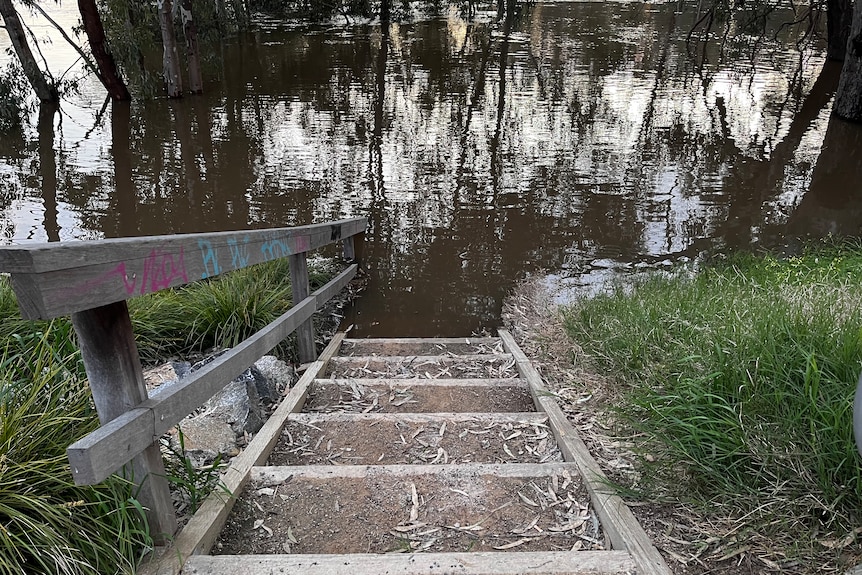 Stairs down to a riverbank, which is submerged.