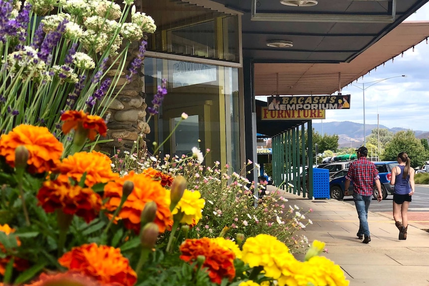 Flowers outside the shops and people walking down quiet the regional street.