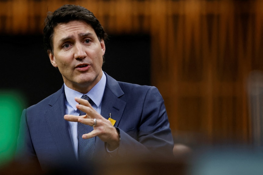 Canada's Prime Minister Justin Trudeau geatures while speaking.