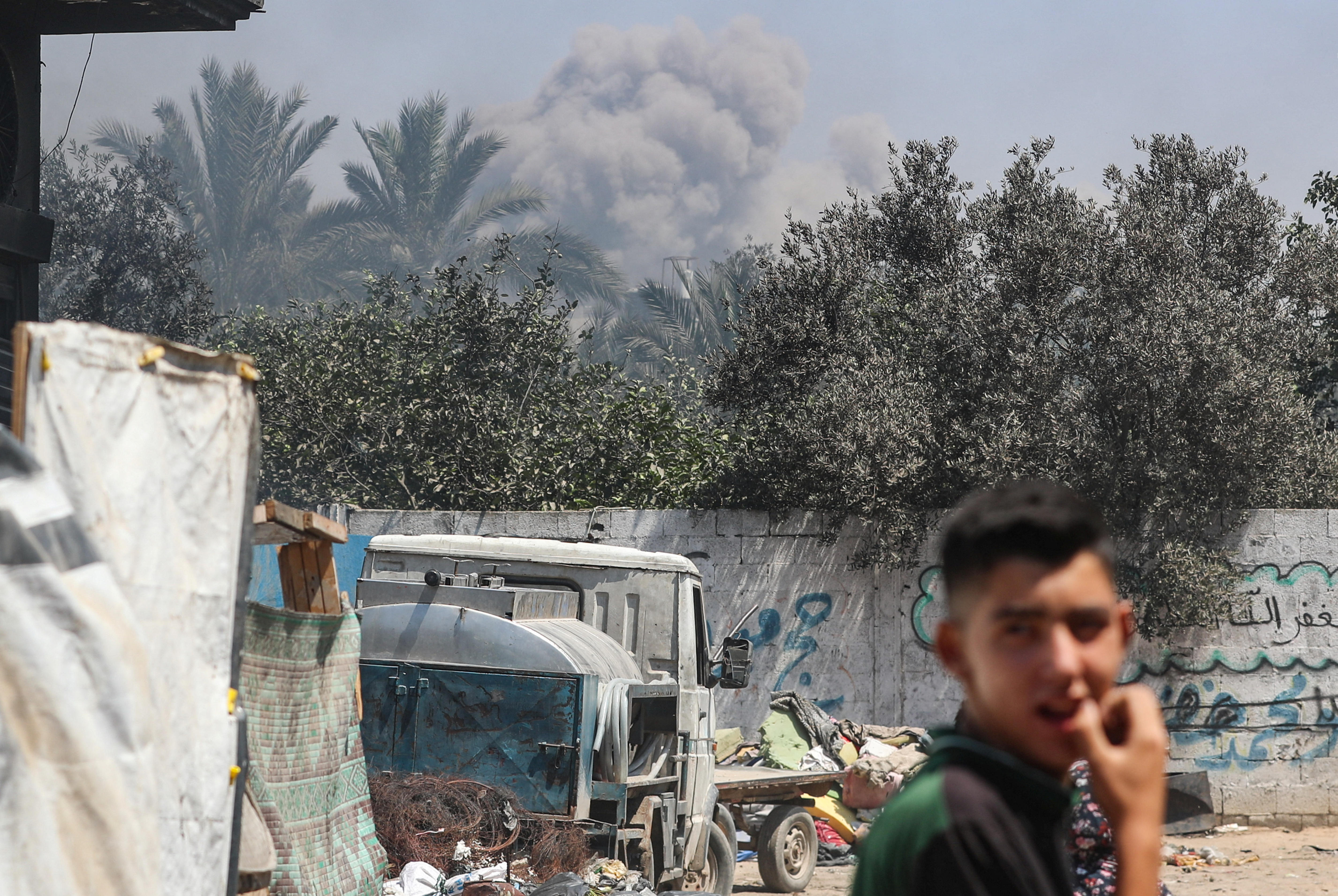 A large plume of smoke seen after an air strike in Gaza.