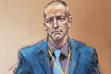 A courtroom sketch of a balding, middle-aged white man in a blue suit with serious expression.