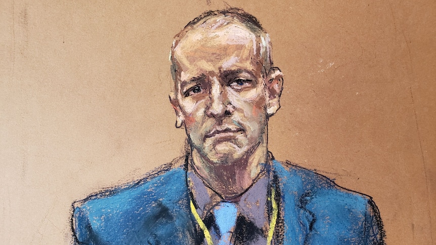 Diagramma dell'aula di tribunale di un uomo bianco di mezza età calvo in un vestito blu con un'espressione seria.