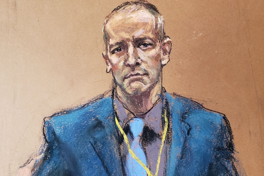 A courtroom sketch of a balding, middle-aged white man in a blue suit with serious expression.