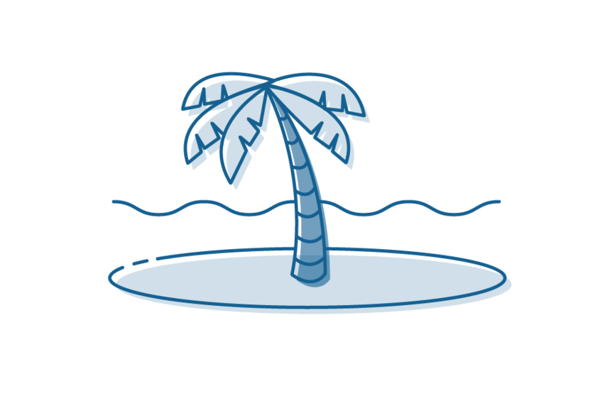 Icon drawing of island with palm tree and ocean in background.