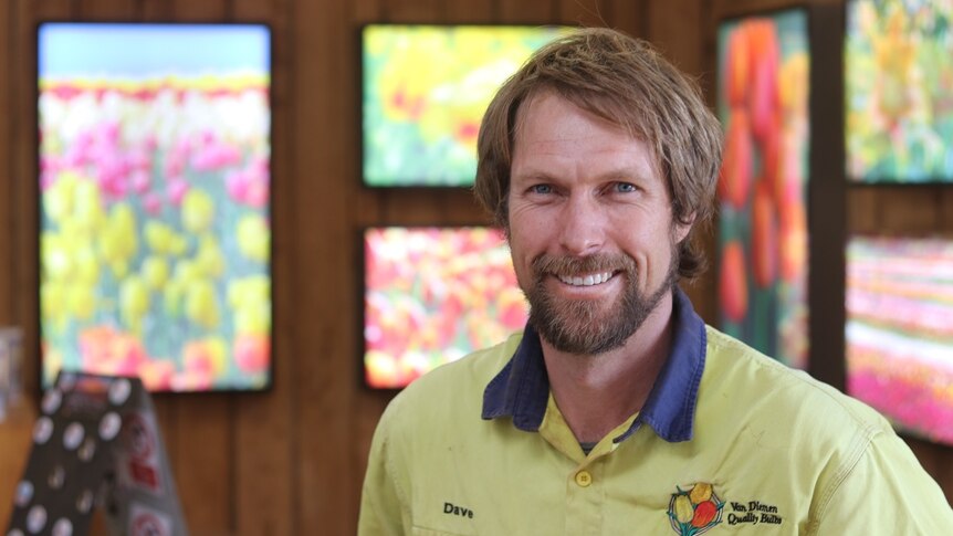 A man stands in front of some colourful pictures of tulips.