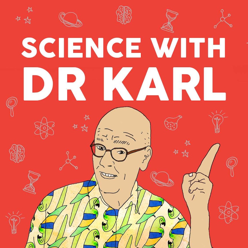 image of Dr Karl wearing a brightly coloured blue shirt on an yellow patterned background