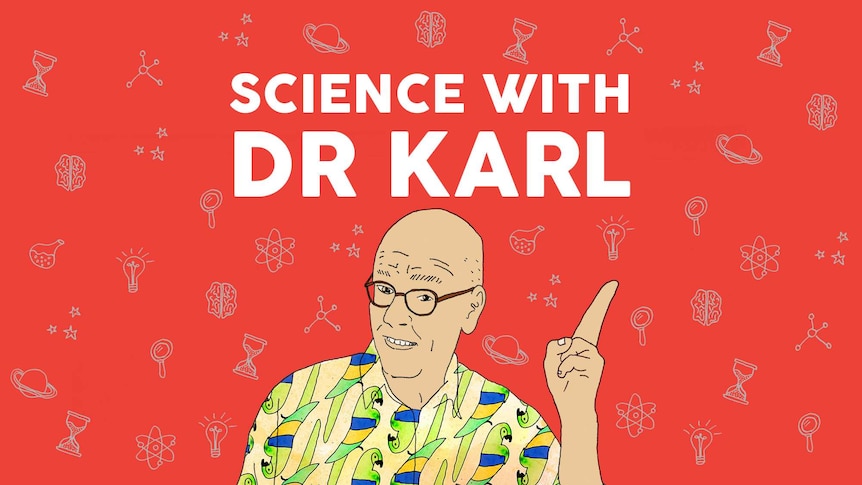 illustration of Dr Karl wearing a shirt with parrots on it, under the title Science With Dr Karl