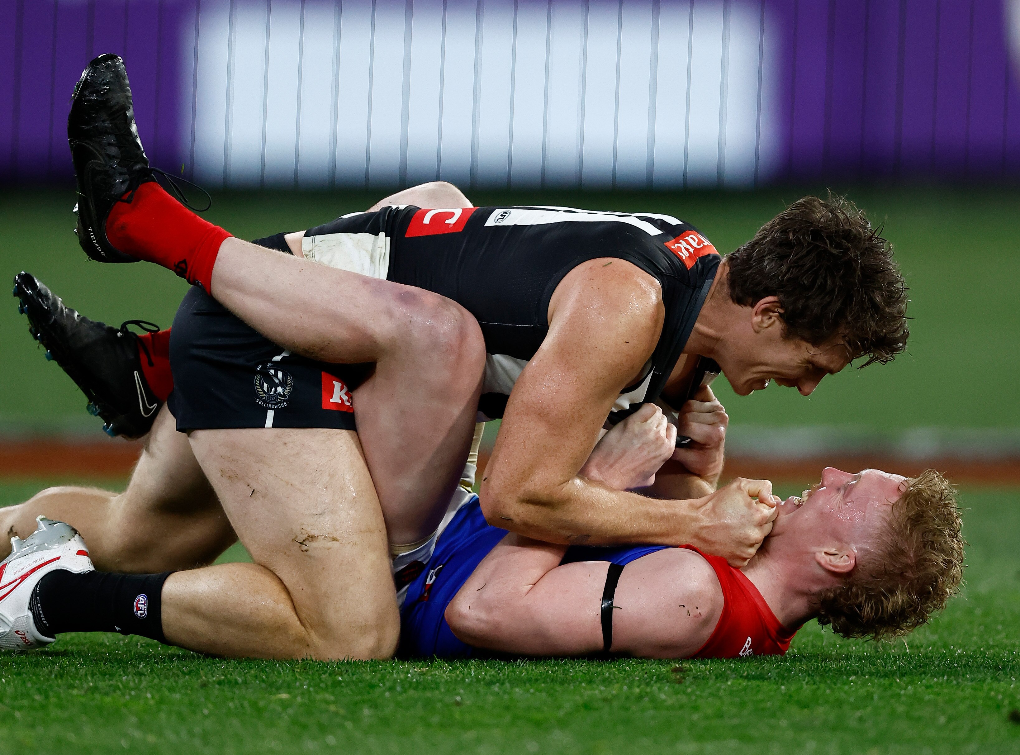 Two AFL players wrestle on the ground, one in black and white on top of one in red and blue
