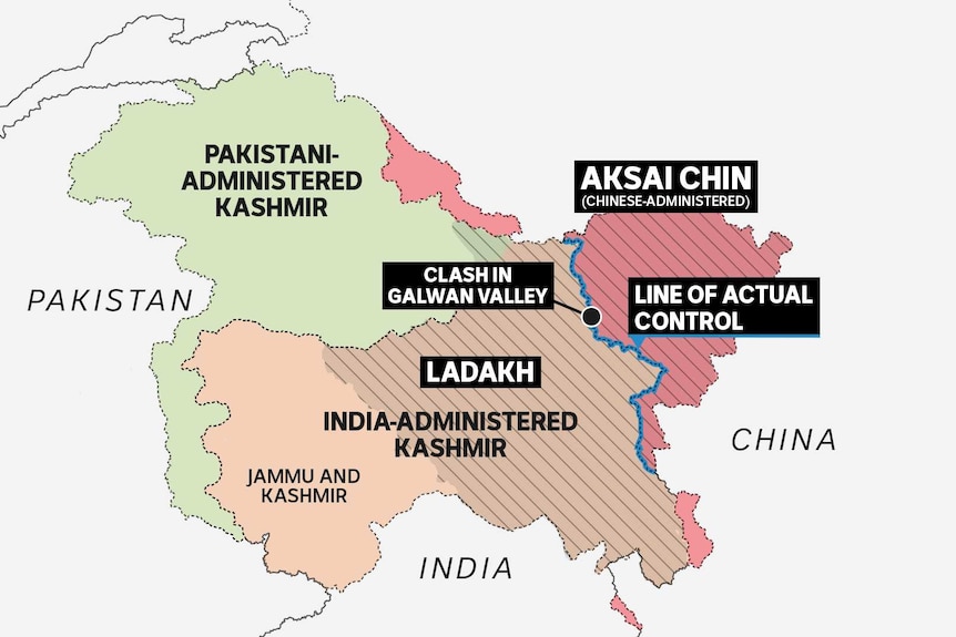 A custom map outlines the political boundaries between India, China and Pakistan