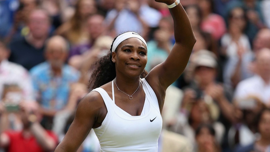 Serena Williams celebrates winning her quarter-final at Wimbledon over Victoria Azarenka.
