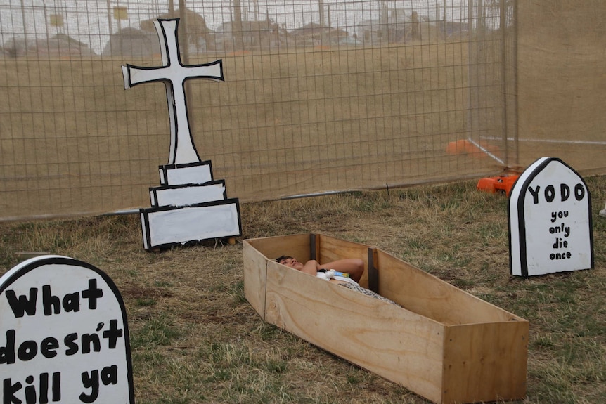 A festival graveyard has been set up for people to have pictures with at the final Party in the Paddock