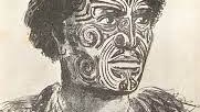 Drawing of Hongi Hika, looking off into the distance with traditional tattoos on his face and wearing cultural attire
