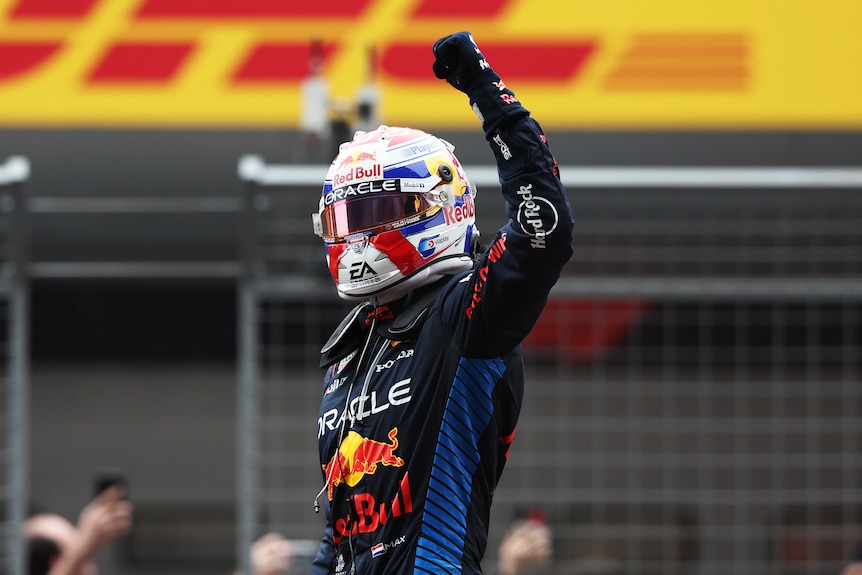 F1 driver Max Verstappen pumps his fist in the air standing on his car in China.