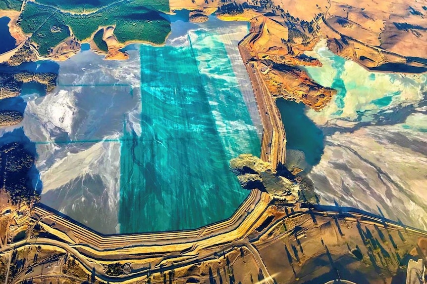 An aerial photo of a tailings dam.