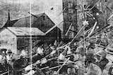 A sketch of police and returned soldiers in confrontation, an Australian flag is waved above