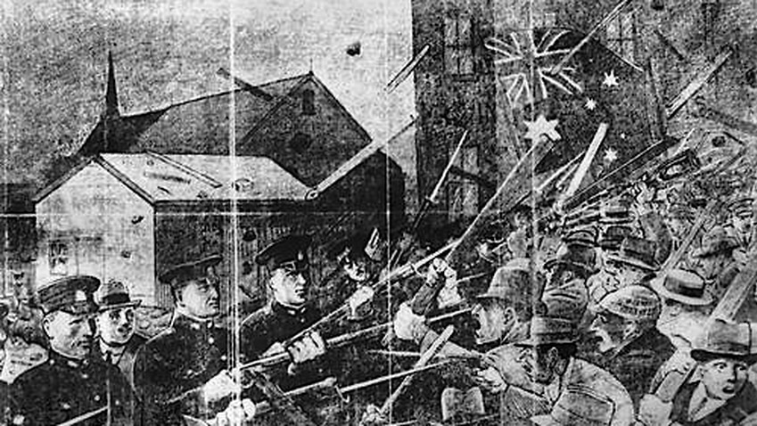 A sketch of police and returned soldiers in confrontation, an Australian flag is waved above