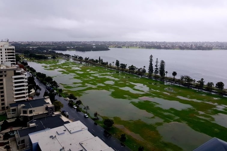 A birds eye view of Langley Park - the oval is flooded with water.