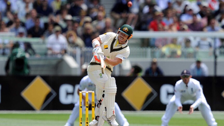 David Warner hits a top edge to be dismissed during day two of the Ashes Boxing Day Test.