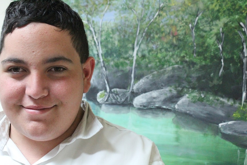 A boy's face close up as he stands smiling in front of his own peaceful-looking painting of trees, rocks and water.