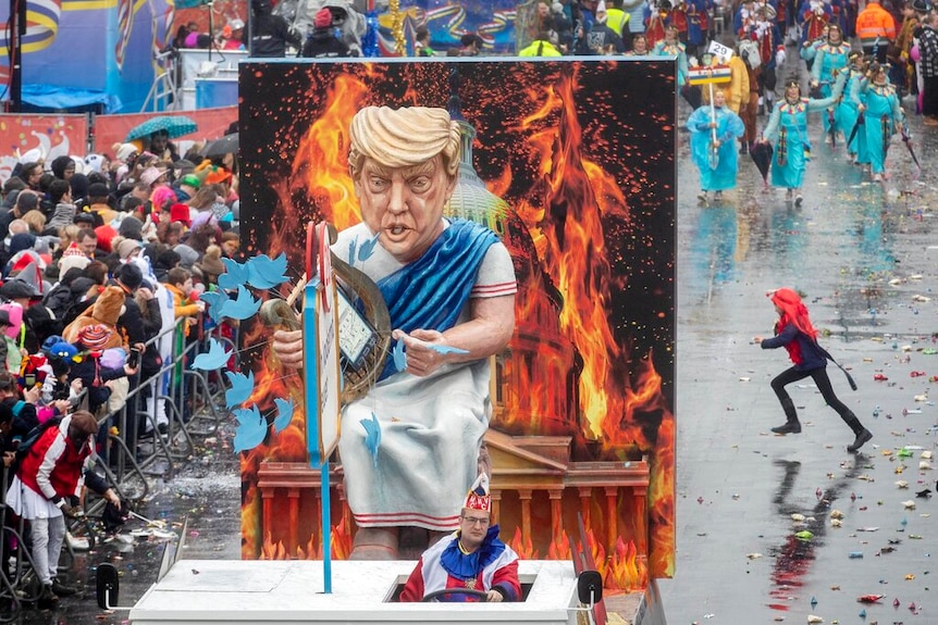 A figure depicting US President Donald Trump as Emperor Nero as part of the parade.