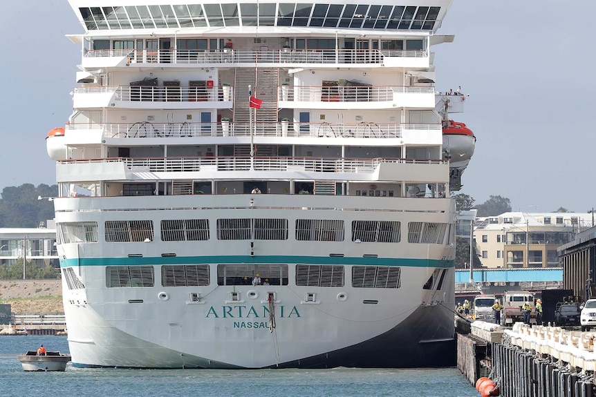 The stern of the Artania cruise ship as it sits docked at Fremantle Port.
