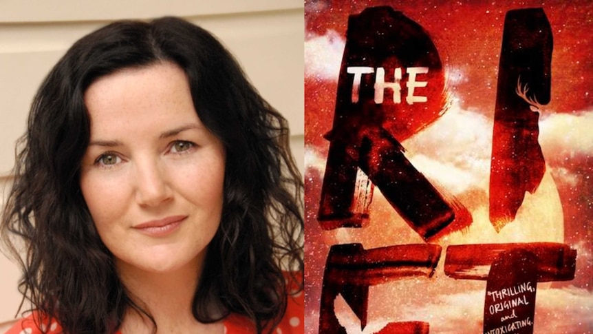 Australian author Rachael Craw next to the cover of her book The Rift.