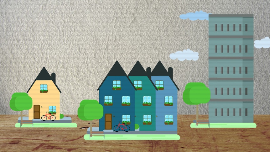 An illustration of a house, a row of townhouses and an apartment block with trees, bicycles and park benches in the foreground.