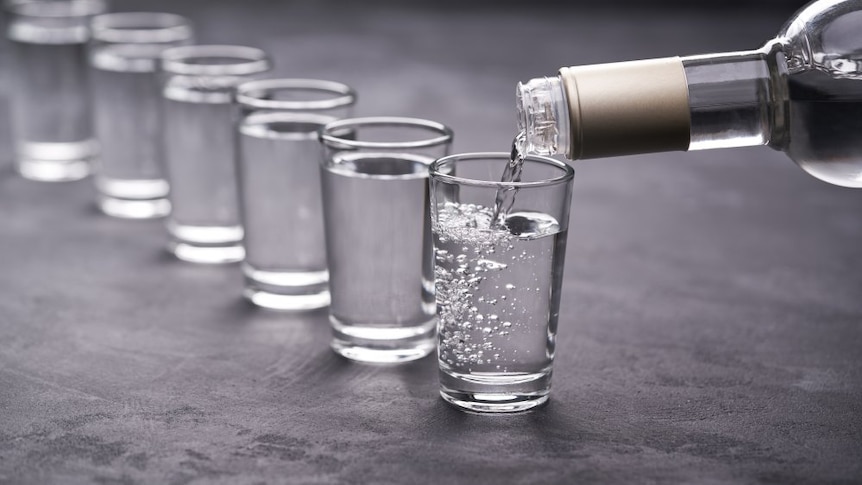 a line of short glasses with vodka being poured into them
