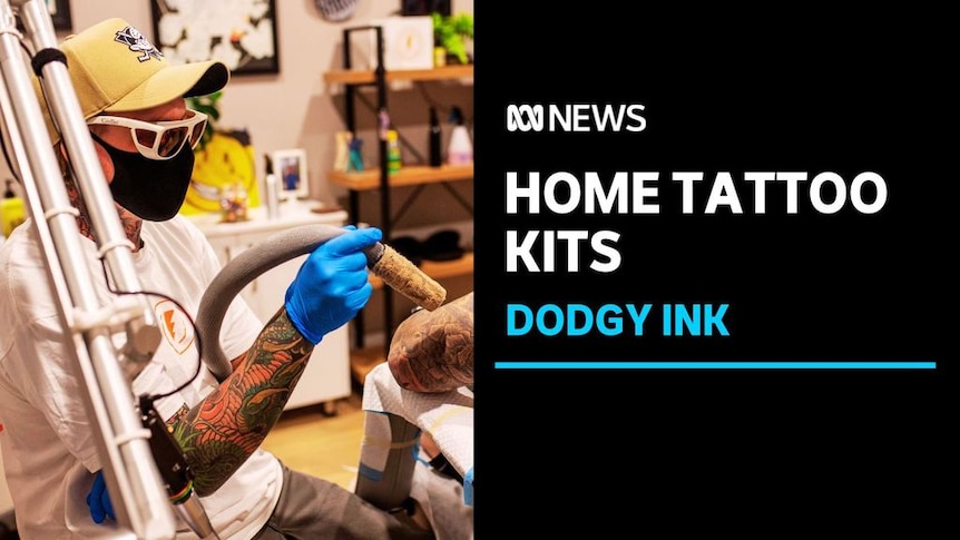 Home Tattoo Kits. Dodgy Ink. Man wearing surgical gloves, cap, mask and sunglasses holding equipment used for tattoo removal