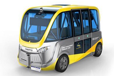 A studio image of a yellow and grey driverless electric shuttle bus.