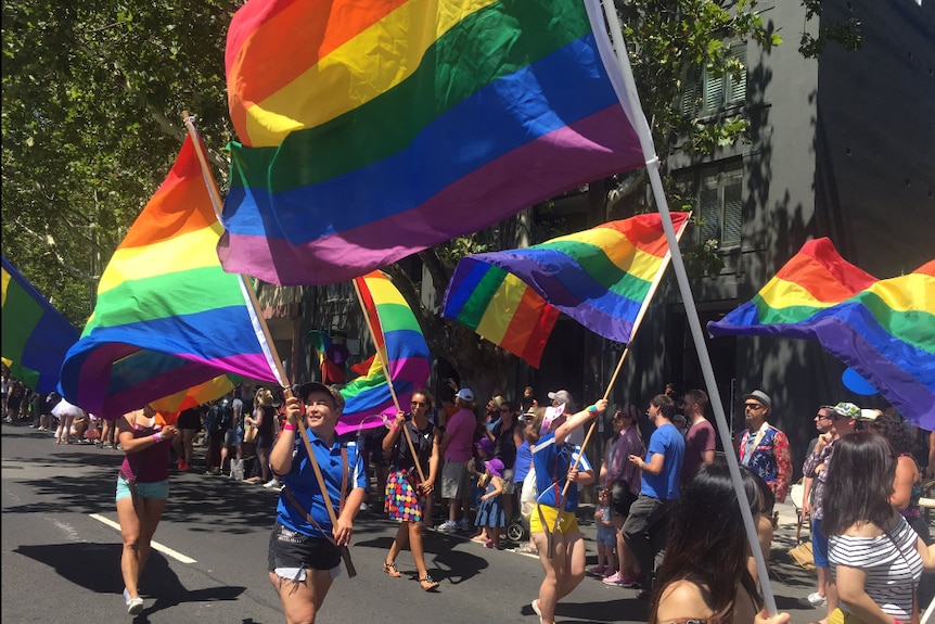 Marchers wave rainbow flags.
