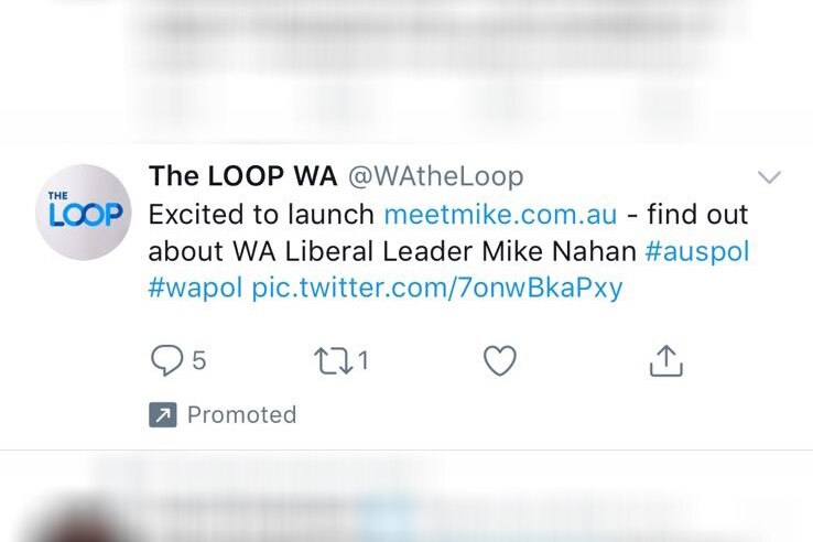A screenshot of a tweet from the LOOP WA, saying "Excited to launch meetmike.com.au - find out about WA Liberal Leader..."