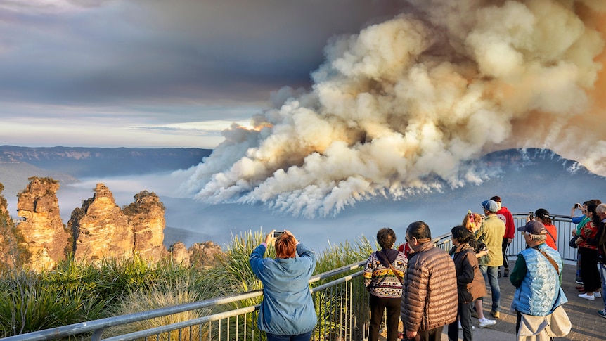 People watch from a lookout as smoke rises from a bushfire in a forested valley