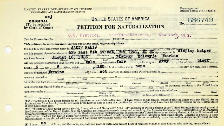A petition for the naturalisation of Mr Palij is held at the US National Archives.