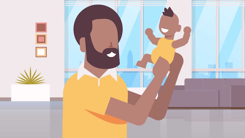 A smiling man with a beard holds up his smiling baby.