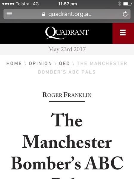 A mobile phone screengrab shows the Quadrant article online at 11:57pm on May 24, 2017.