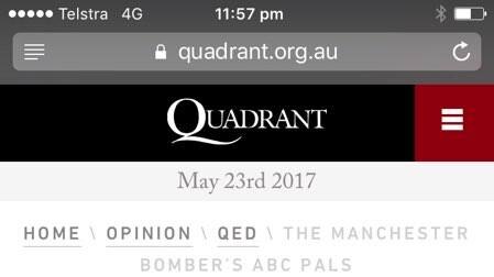 A mobile phone screengrab shows the Quadrant article online at 11:57pm on May 24, 2017.
