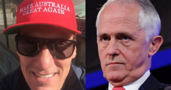 Composite image showing Cory Bernardi smiling while wearing a "Make America Great Again" cap and Malcolm Turnbull frowning.