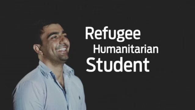 Akram Azimi, text on screen reads "Refugee Humanitarian Student"