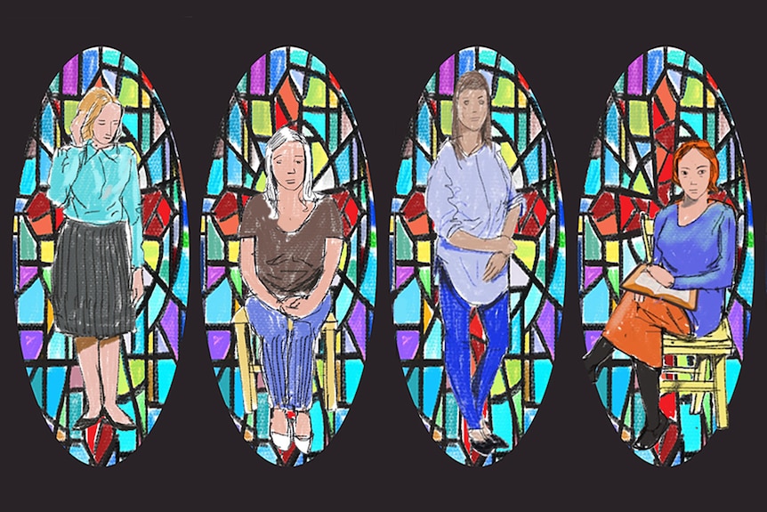 An illustration shows four women framed in colourful stained glass windows.