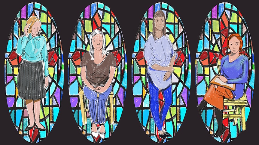 An illustration shows four women framed in colourful stained glass windows.