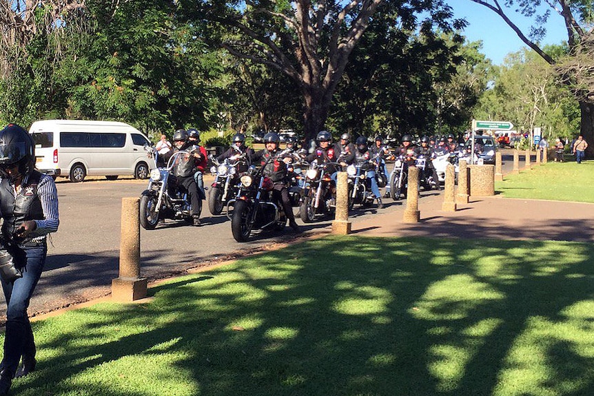 Members of the Veterans Motorcycle Club escort the body of Corporal Reg Hillier